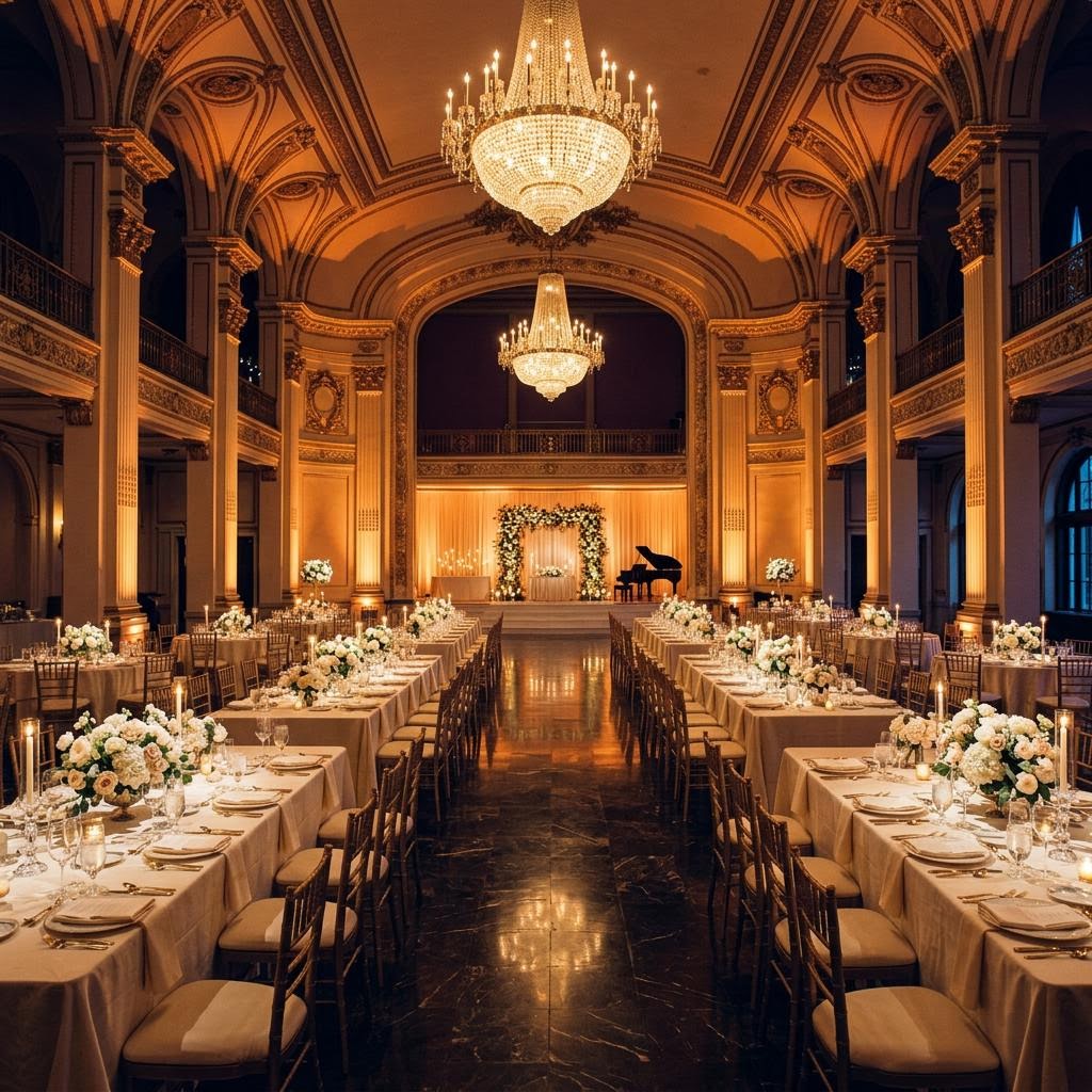 An elegant ballroom washed in warm amber uplighting