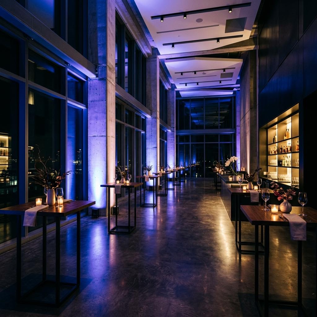 A cocktail venue with atmospheric colored uplighting